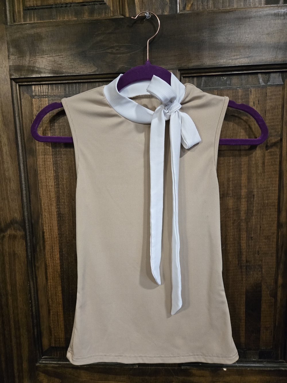 SHEIN Beige Sleeveless Top with White Tie Neck